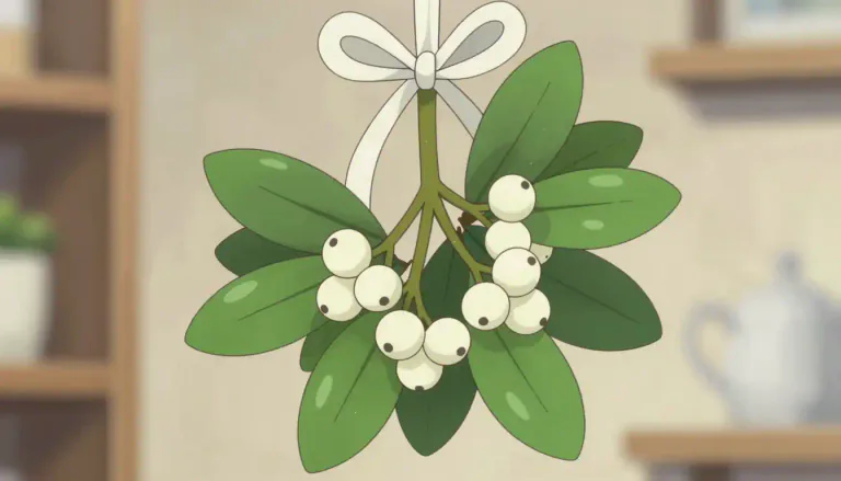 Visual representation of "mistletoe" - A plant with shiny leaves and white berries, often used as decoration at Christmas.