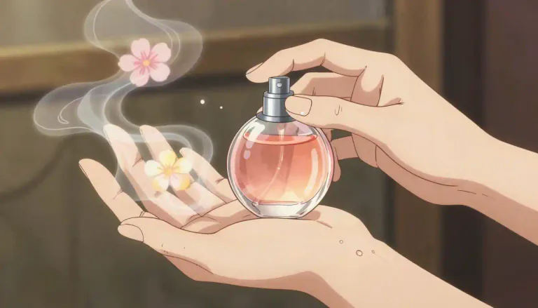 Visual representation of "perfume" - A liquid with a pleasant smell, often made from oils that flowers have given their scent to, that people put on their skin