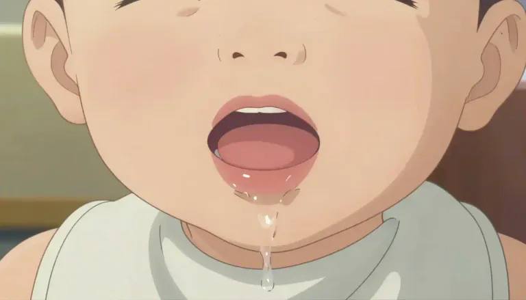 Visual representation of "drib" - To let saliva or liquid fall slowly from the mouth.