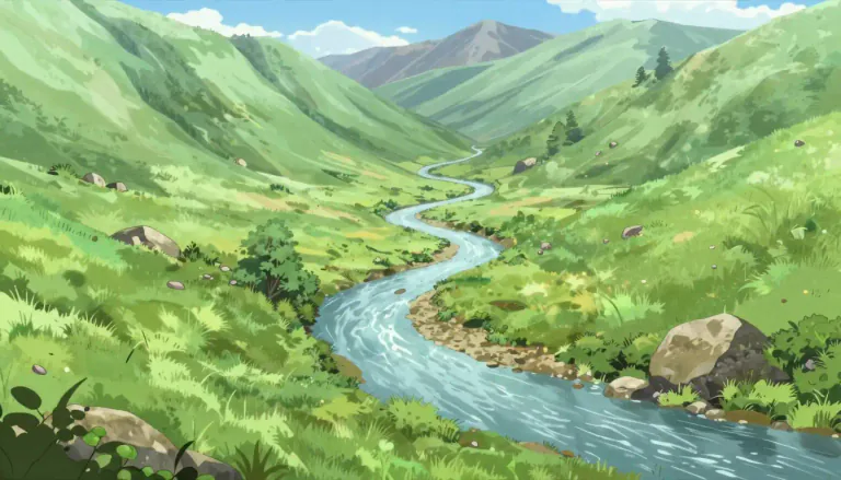 Visual representation of "vale" - A valley, a long place between hills or mountains often with a river going through it