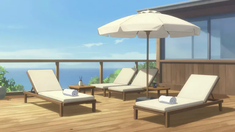 Visual representation of "sundeck" - An outdoor area on a deck or patio designed for sunbathing and relaxation.