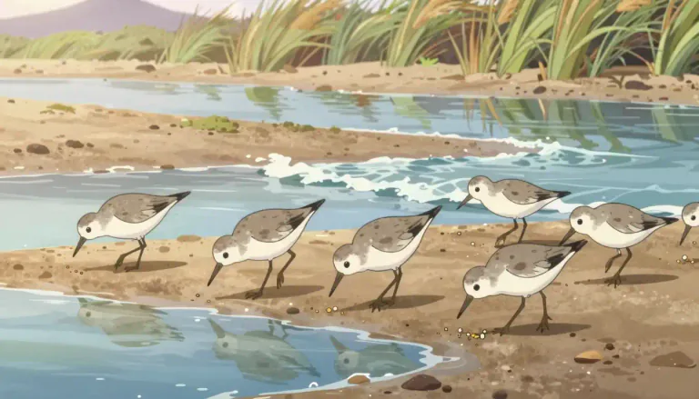 Visual representation of "shorebird" - Any of various birds that typically inhabit coastal regions and feed on the shore, especially in wetland areas.
