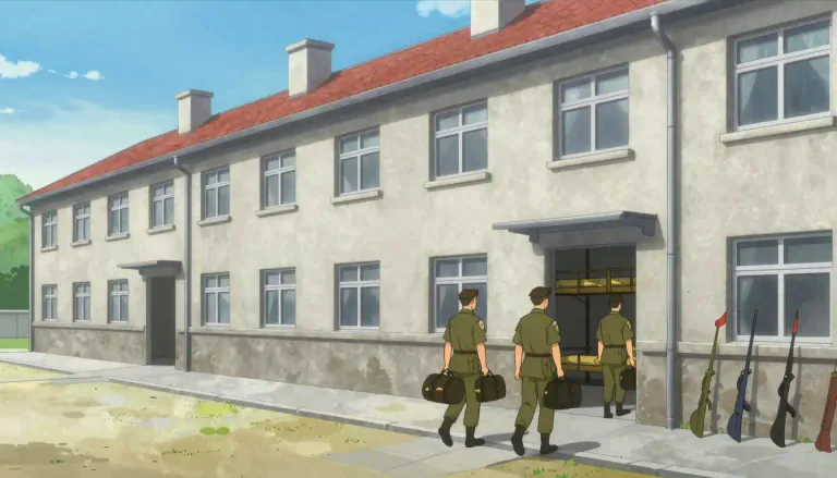Visual representation of "barrack" - A building where soldiers live when not fighting.