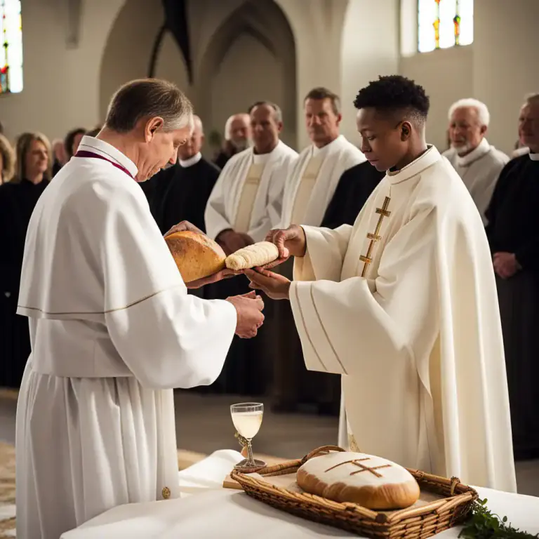Visual representation of "corporal" - In the Church, a corporal is a white cloth where the bread and wine are placed during a Christian communion ceremony.