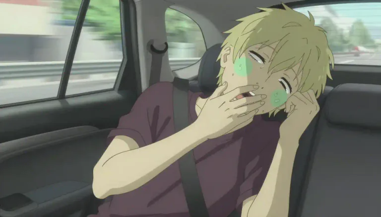 Visual representation of "carsick" - Feeling nausea as a result of being in a vehicle.