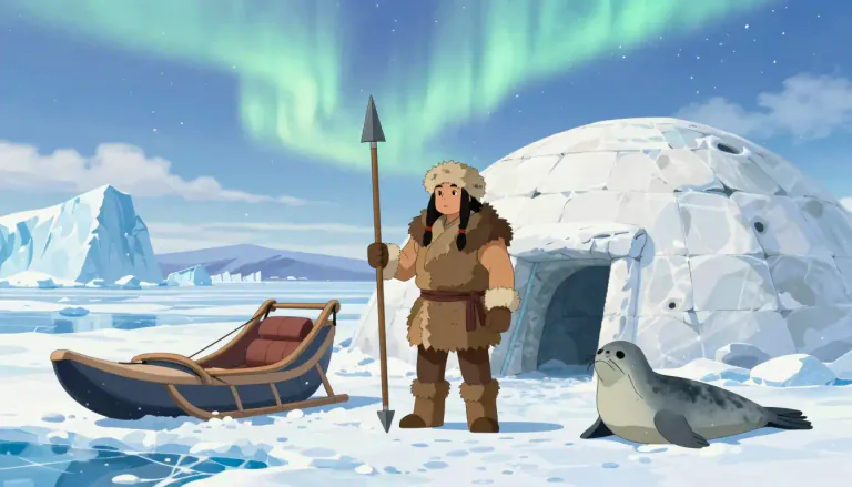 Visual representation of "eskimo" - A member of an indigenous people inhabiting the Arctic (northern Canada or Greenland or Alaska or eastern Siberia); known for their ability to survive extreme cold and harsh conditions.