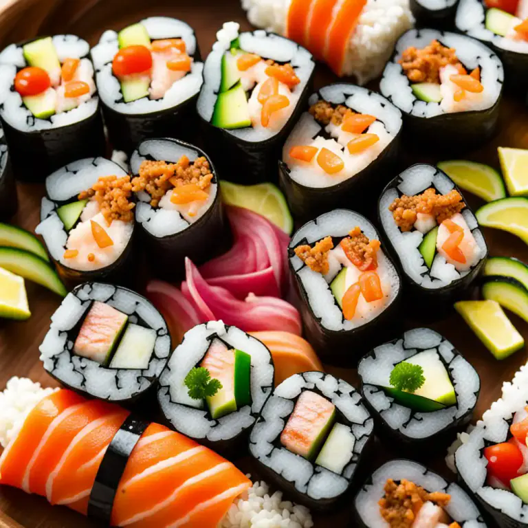 Visual representation of "sushi" - In general, a type of Japanese dish that involves rice seasoned with vinegar and various other ingredients like fish or vegetables.