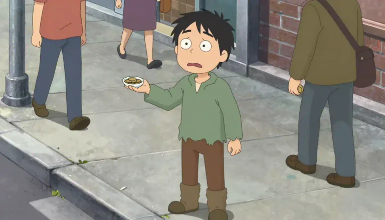 Visual representation of "panhandler" - A person who asks strangers for money or food in public places.