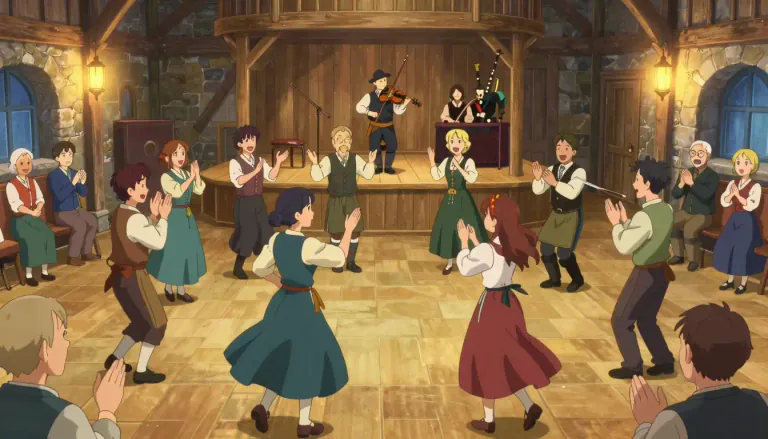 Visual representation of "ceilidh" - A ceilidh is a traditional Scottish or Irish social gathering for music and dancing.