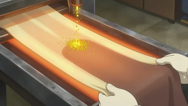 Visual representation of "vulcanization" - A chemical process that transforms natural rubber into a more durable and elastic material by adding sulfur and heating it.