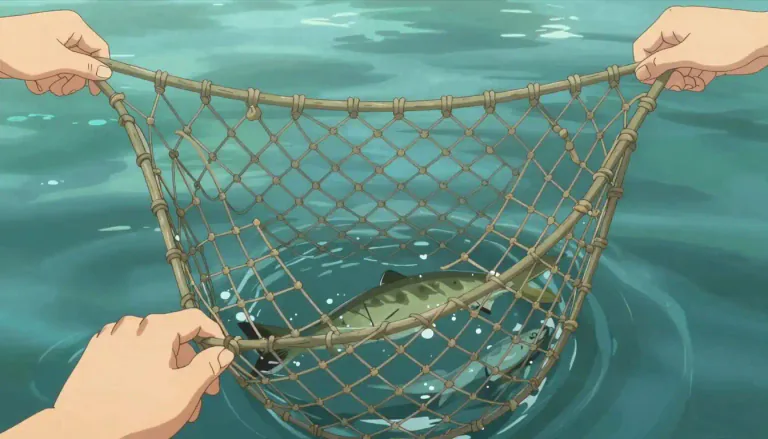Visual representation of "net" - A piece of open-meshed material made of twine, cord, or something similar, used typically for catching fish or other animals.