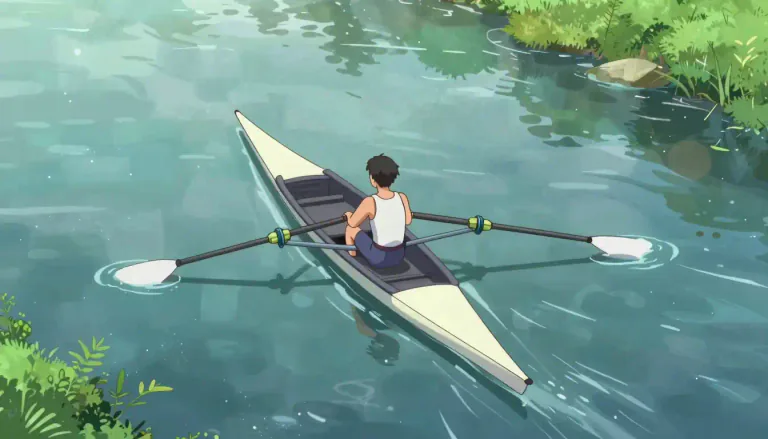 Visual representation of "scull" - A small boat driven by one or two persons using oars.