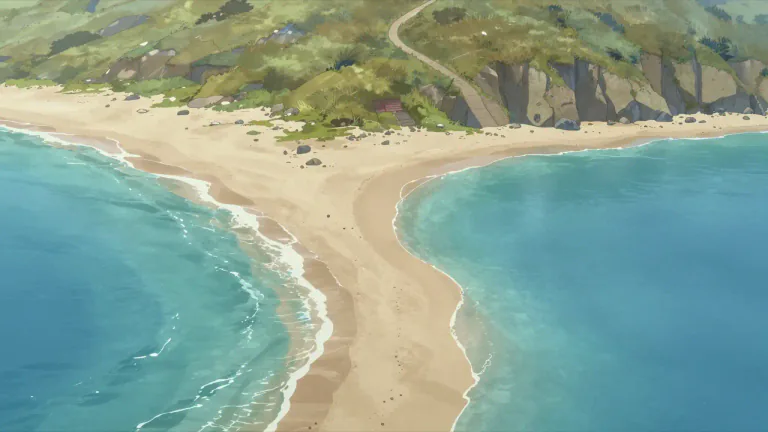 Visual representation of "beachfront" - A piece of land that is directly beside a beach.