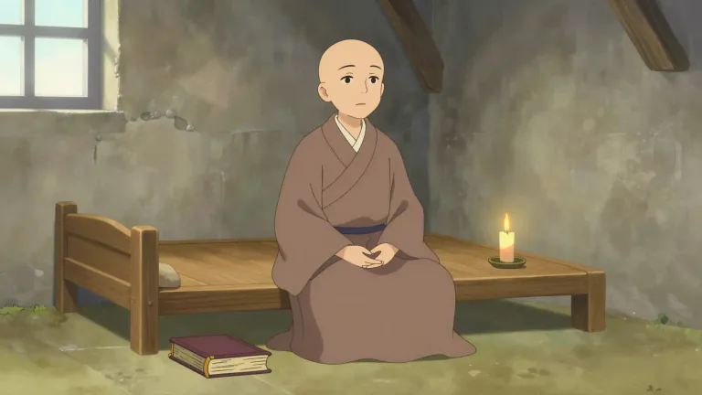 Visual representation of "asceticism" - A lifestyle where a person chooses to live a simple life without any physical comforts or luxuries, usually for religious or spiritual reasons.