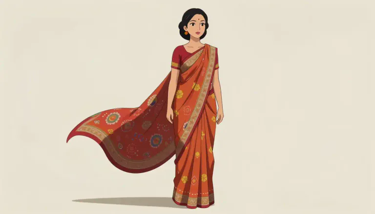 Visual representation of "saree" - A saree is a long piece of cloth worn by women, especially in India, that is draped around the body.