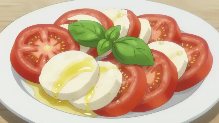 Visual representation of "caprese" - A type of salad originating from Italy, typically made with fresh tomatoes, mozzarella cheese, and basil, drizzled with olive oil.