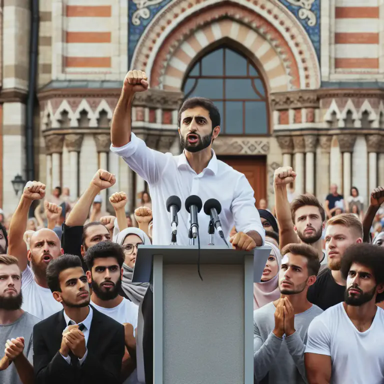 Visual representation of "declaim" - To state something in a public or forceful way.