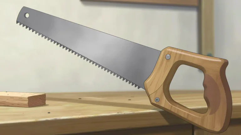 Visual representation of "handsaw" - A tool for cutting wood or other materials, consisting of a blade with a row of sharp teeth along one edge, and a handle attached to it.