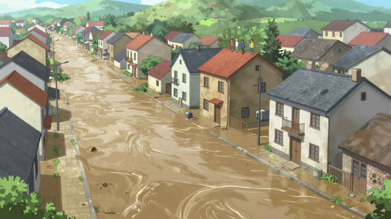 Visual representation of "flood" - A large amount of water covering an area that is usually dry