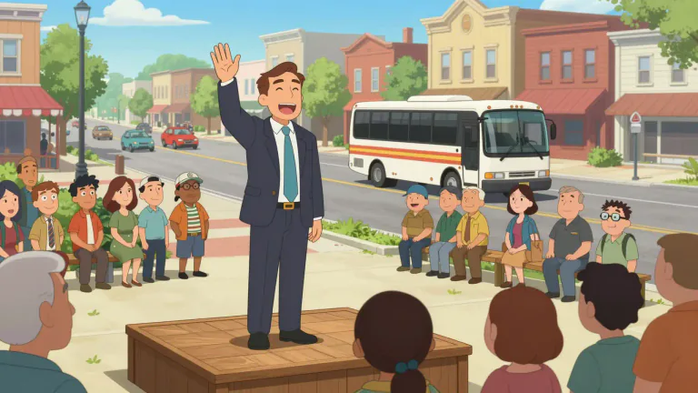 Visual representation of "stump" - To campaign for political office by traveling around the country to introduce oneself to voters