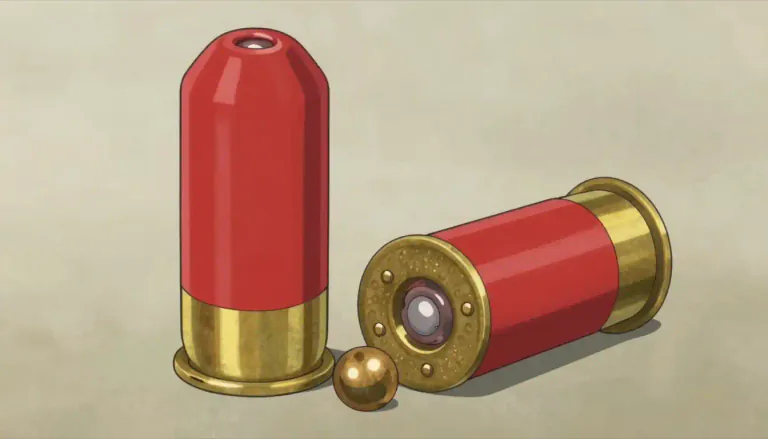 Visual representation of "shotshell" - A type of cartridge designed for use in a shotgun, containing small pellets or shot instead of a single bullet.
