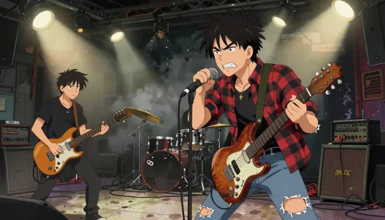 Visual representation of "grunge" - A style of rock music popular in the late 80s and early 90s, with heavy guitar sounds and lyrics often expressing dissatisfaction.