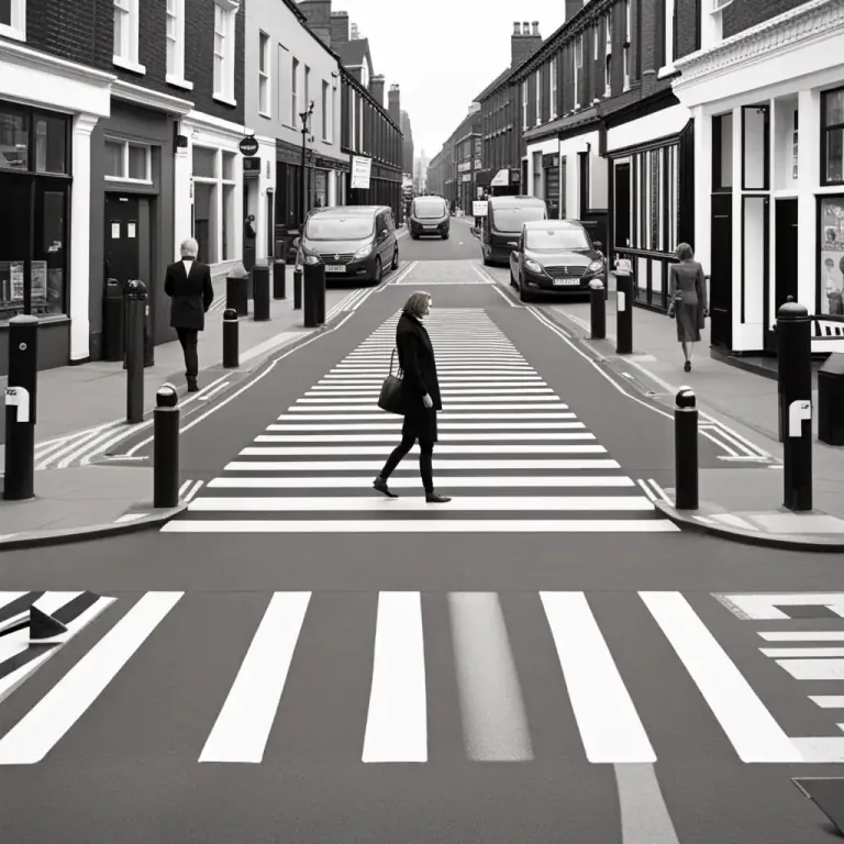 Visual representation of "zebra" - A pedestrian crossing in the UK marked with black-and-white stripes where vehicles must stop to allow people to walk across the road