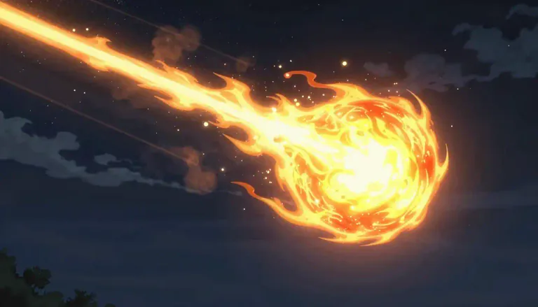 Visual representation of "fireball" - A bright, flying sphere that looks like a ball of fire, especially one created by a powerful explosion or by a very fast, burning object moving through the sky