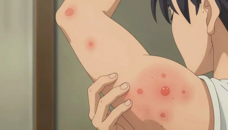 Visual representation of "urticaria" - A skin condition that causes itchy, red bumps or welts on the skin.