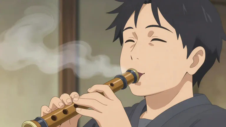 Visual representation of "shakuhachi" - A traditional Japanese bamboo flute with a five-hole design, played by blowing air across the top.