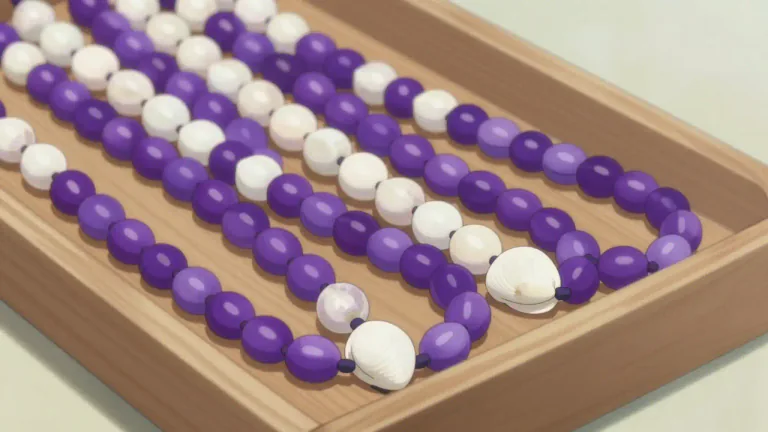 Visual representation of "wampum" - Wampum is a type of traditional bead made from shells, historically used as currency by some Native American tribes.