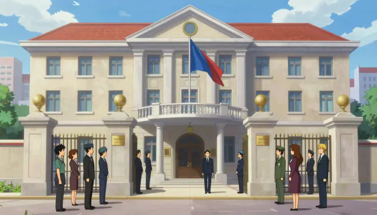 Visual representation of "embassy" - The official residence or office of an ambassador in a foreign country.