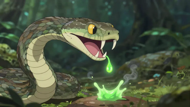Visual representation of "venom" - A dangerous liquid substance produced by some animals, such as snakes or spiders, used for defense or to kill prey.