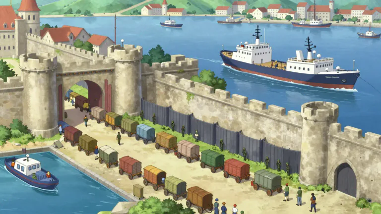 Visual representation of "blockade" - An act to stop goods or people from moving into or out of a place