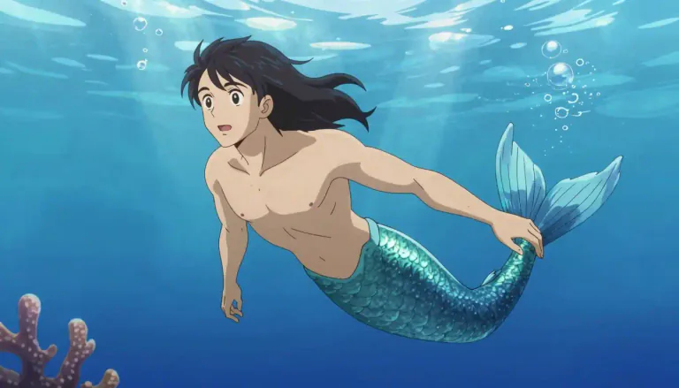 Visual representation of "merman" - A mythical creature who is male and has the upper body of a human and the lower body of a fish.