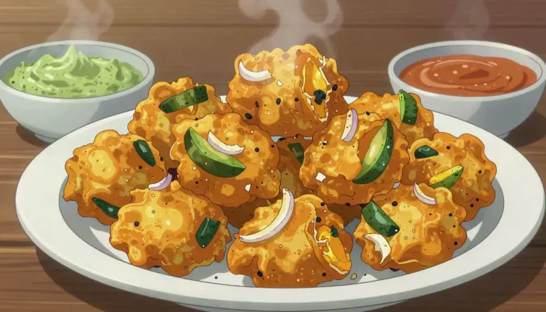 Visual representation of "pakora" - A traditional Indian snack that can consist of meat, vegetables, or fish, dipped in a spiced gram flour batter and cooked until golden brown.