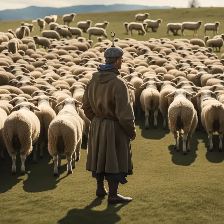 Visual representation of "bellwether" - The leading sheep of a flock, with a bell on its neck.