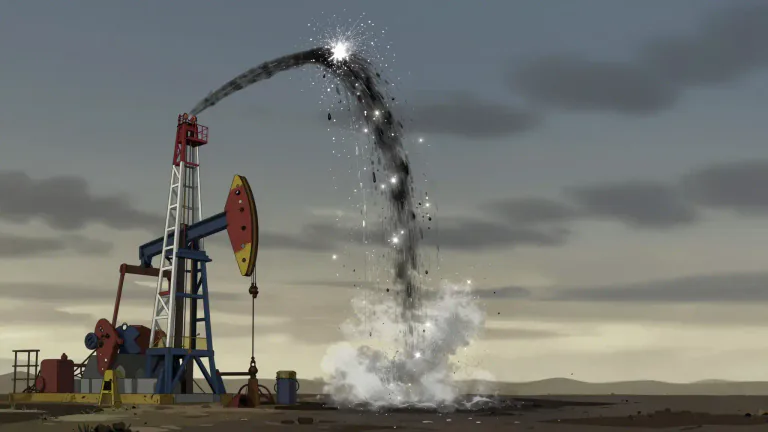 Visual representation of "gusher" - An oil well that produces a large amount of oil in a great rush