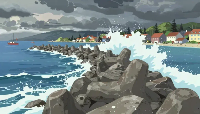Visual representation of "breakwater" - A barrier that is built into the sea to protect a coast or harbor from the force of waves.