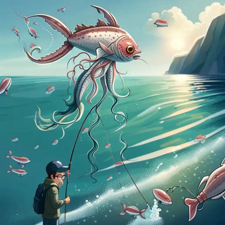 Visual representation of "squid" - To fish with a squid-shaped lure.