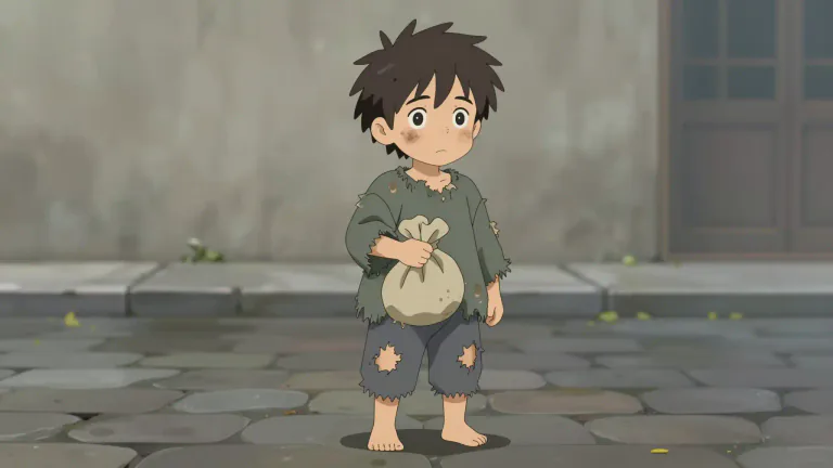 Visual representation of "ragamuffin" - A child dressed in dirty or torn clothes