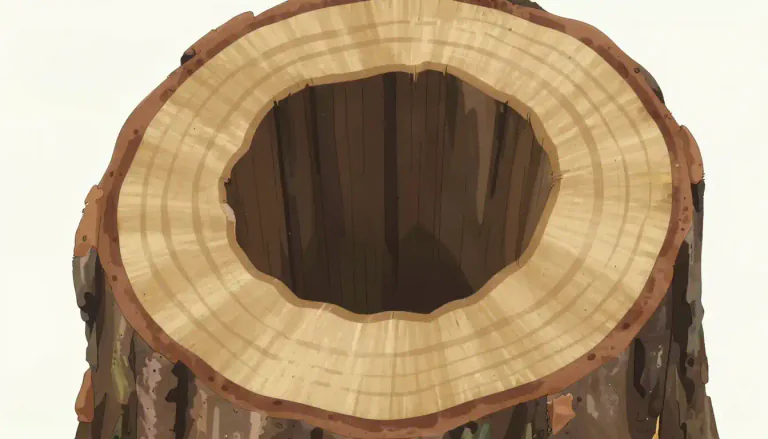 Visual representation of "sapwood" - The younger, outer part of a tree trunk, lying between the heartwood and the bark.