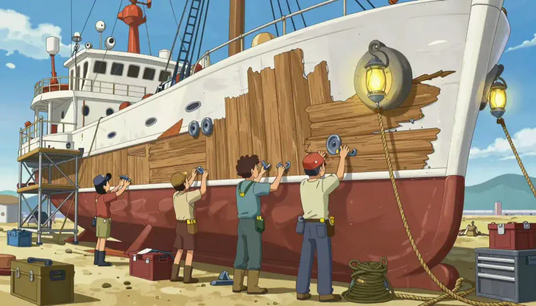 Visual representation of "refit" - To repair, renew, or equip something again