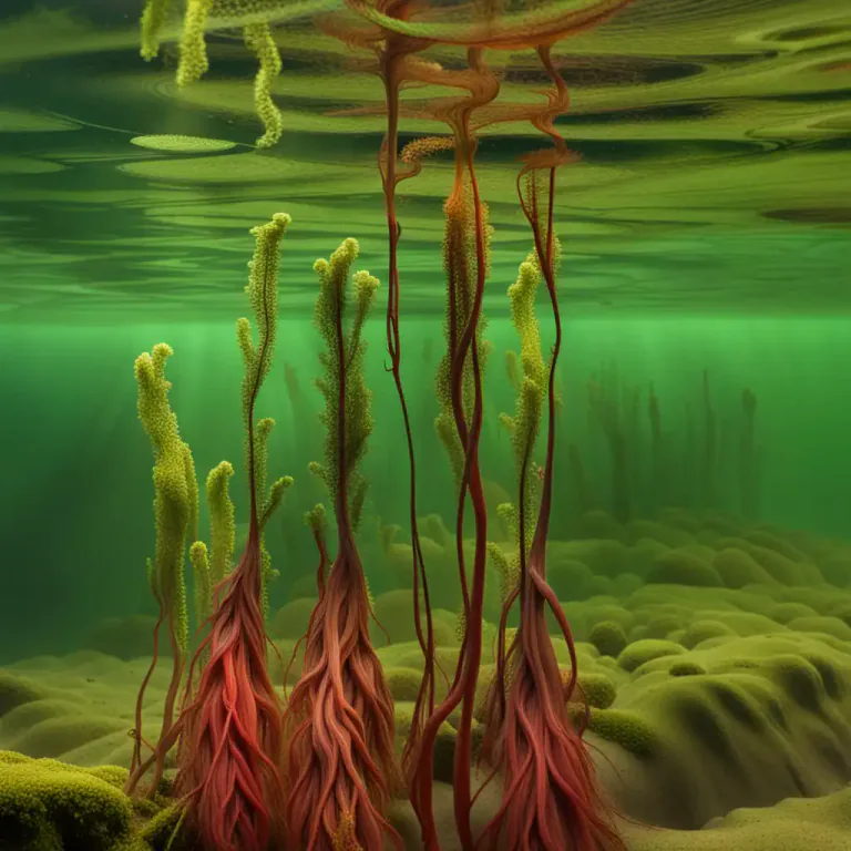 Visual representation of "algae" - Green, brown, or red organisms that grow in or near water and do not have leaves, stems, or roots