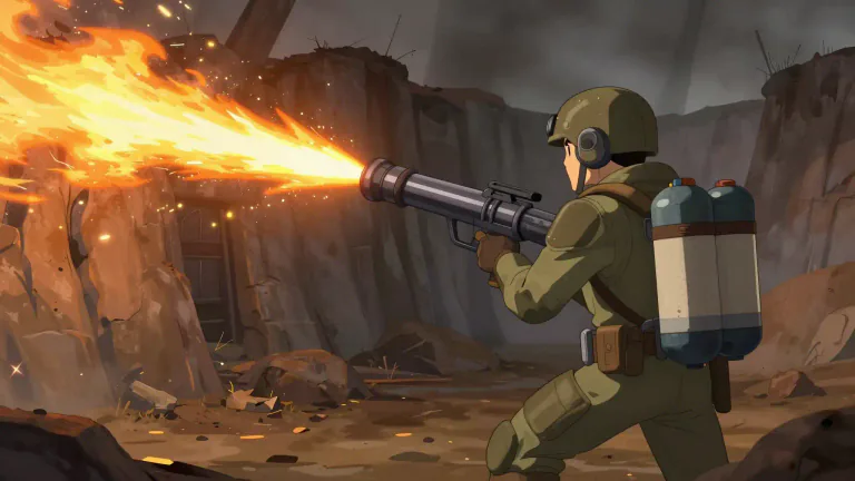 Visual representation of "flamethrower" - A device that throws out a long, hot flame, used as a weapon