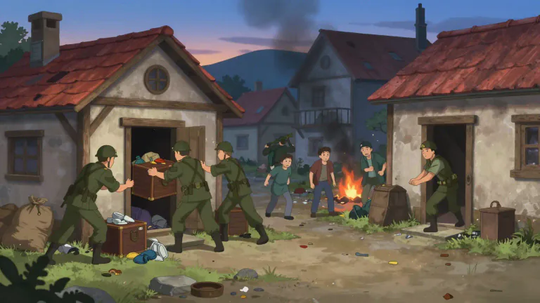 Visual representation of "pillage" - To rob or steal things from a place or person, often using force and especially during war or conflict