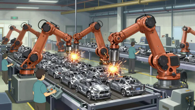 Visual representation of "manufacture" - To make (a product) on a large scale using machinery