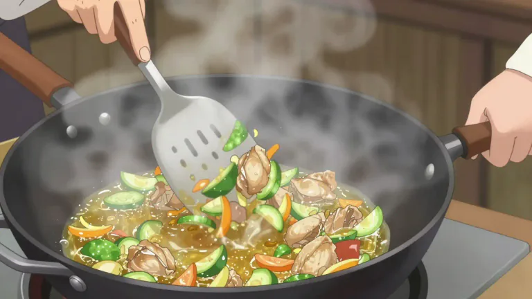 Visual representation of "stirfry" - To cook small pieces of food quickly in a small amount of oil while stirring continuously.
