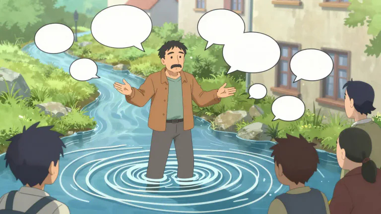 Visual representation of "wade into" - to start doing something or being involved in it, especially in a situation that is difficult or complicated
