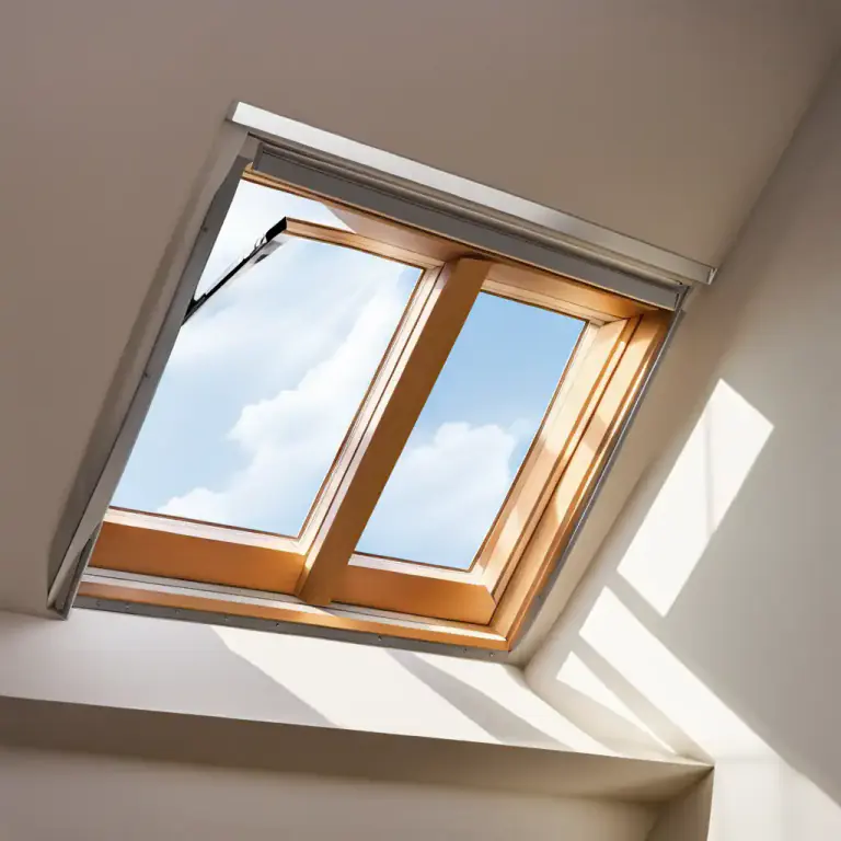 Visual representation of "attic" - A window projecting from a sloping roof, in an attic
